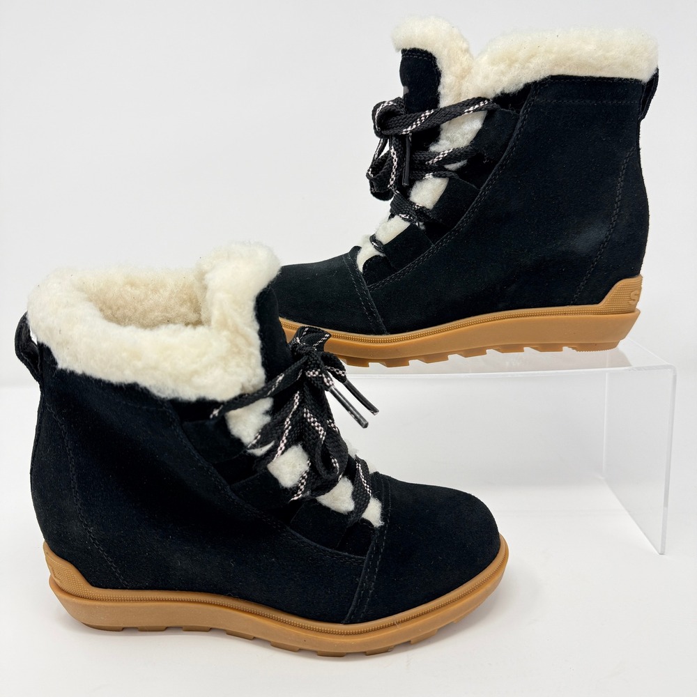 Sorel Women's Ankle Boots Black Suede Shearling Wedge Winter Snow Shoes - Picture 2 of 7